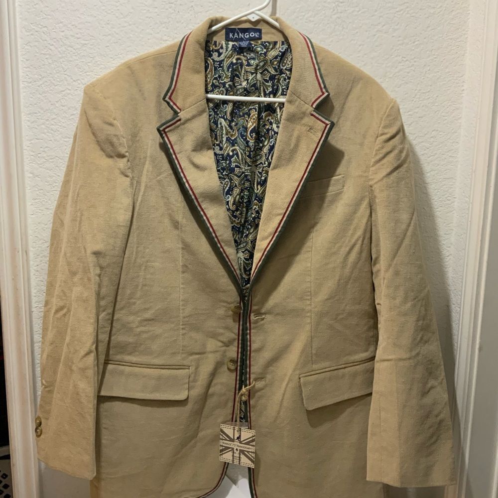 New Kangol Blazer Mens Size L Beige Corduroy  Sport Coat 2 Button Striped
